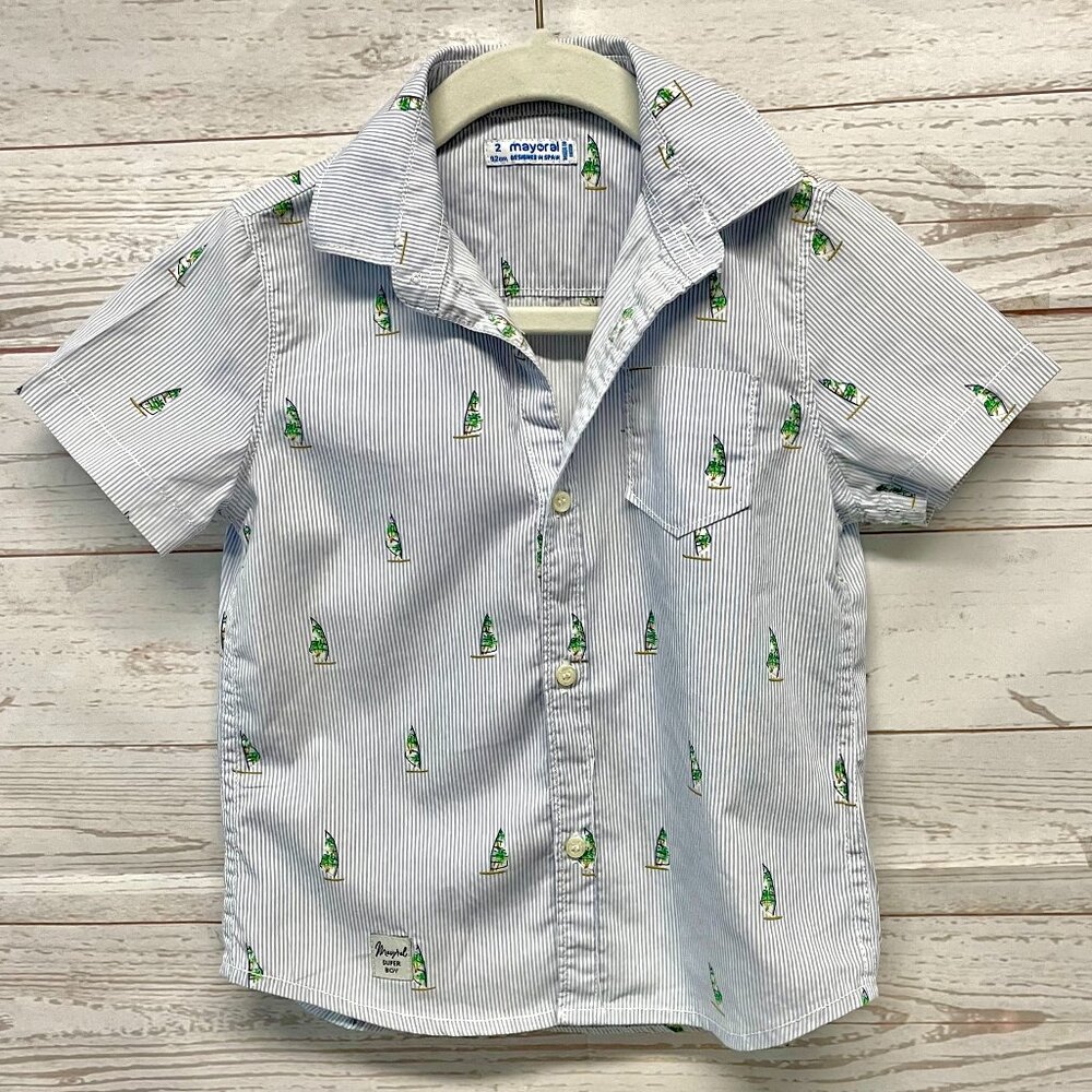 Mayoral pin stripe sailboat short sleeve shirt